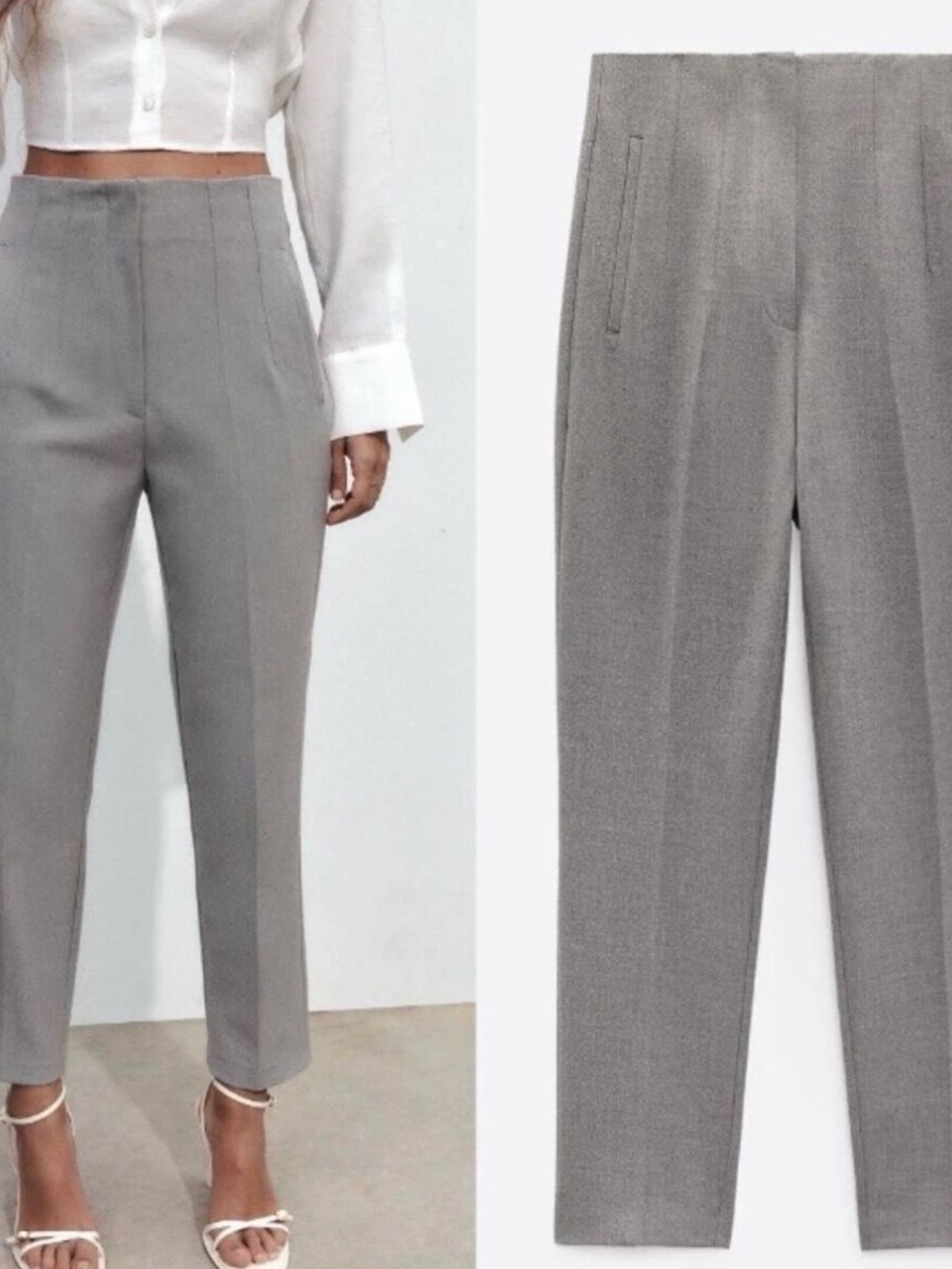 Zara Tailored High-Waist Cropped Straight Pants - Gray